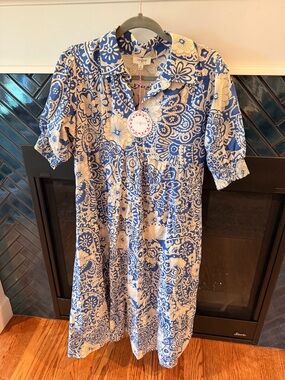 Umgee Blue and Cream Paisley Floral Midi Dress